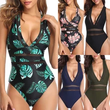 Прозрачный женский слитный купальник с принтом в виде листьев, черный монокини для похудения, пуш-ап, цветочный узор, купальный костюм Bain