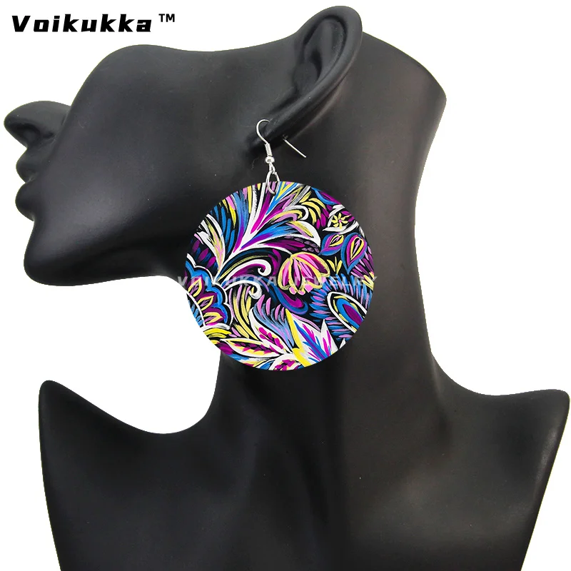 Voikukka Jewelry Hot Sale 6 CM Circle Both Sides Printing A Painted Floral Pattern Wooden Drop Dangle Women Earrings For Gifts