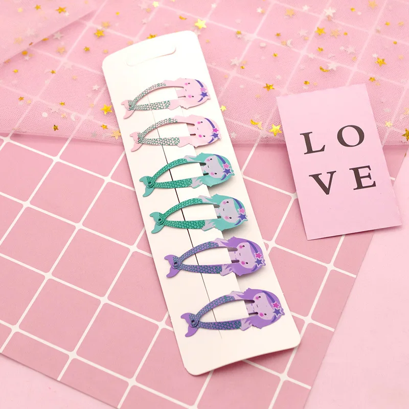 6 Pcs/set Cartoon Mermaid Baby Hair Clip Lot Princess Baby Hair Pins Girls Rainbow Baby Hair Clips Accessories Metal Cute Candy