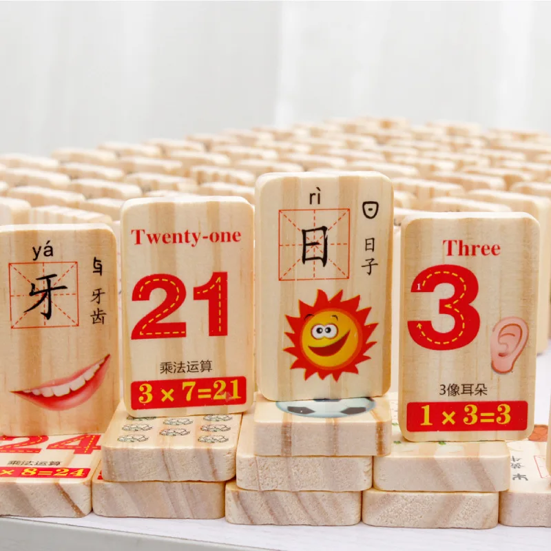 

MWZ Wooden 100 Pieces Double-Sided Circular Bead Chinese Characters with Numbers Domino Children Educational Building Blocks Toy