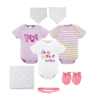 

Honeyzone 8 piece/lot Newborn Baby Girl Clothes Sets Summer 100% Cotton Short Sleeve Body Suits For Infant Soft Baby's Hat Bibs