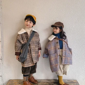 

90-130 Cm Winter Girls Boys Thick Warm Long Plaid Coat Baby Kids Children Jacket Outerwear Two Colors