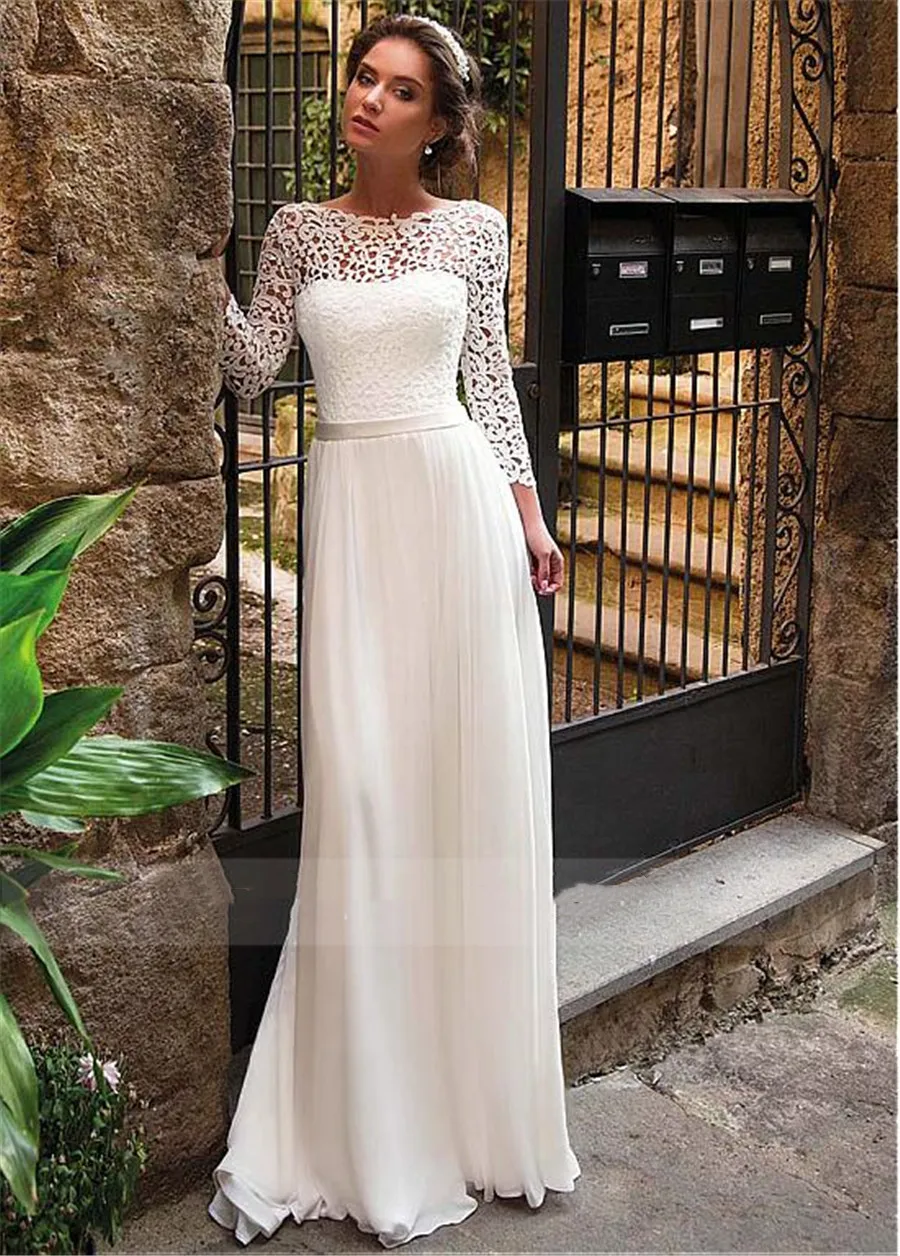 

Scoop Long Sleeves Lace A-Line Wedding Dresses Chiffon 2020 Modest Bridal Gowns Lace Up Back Formal Wedding