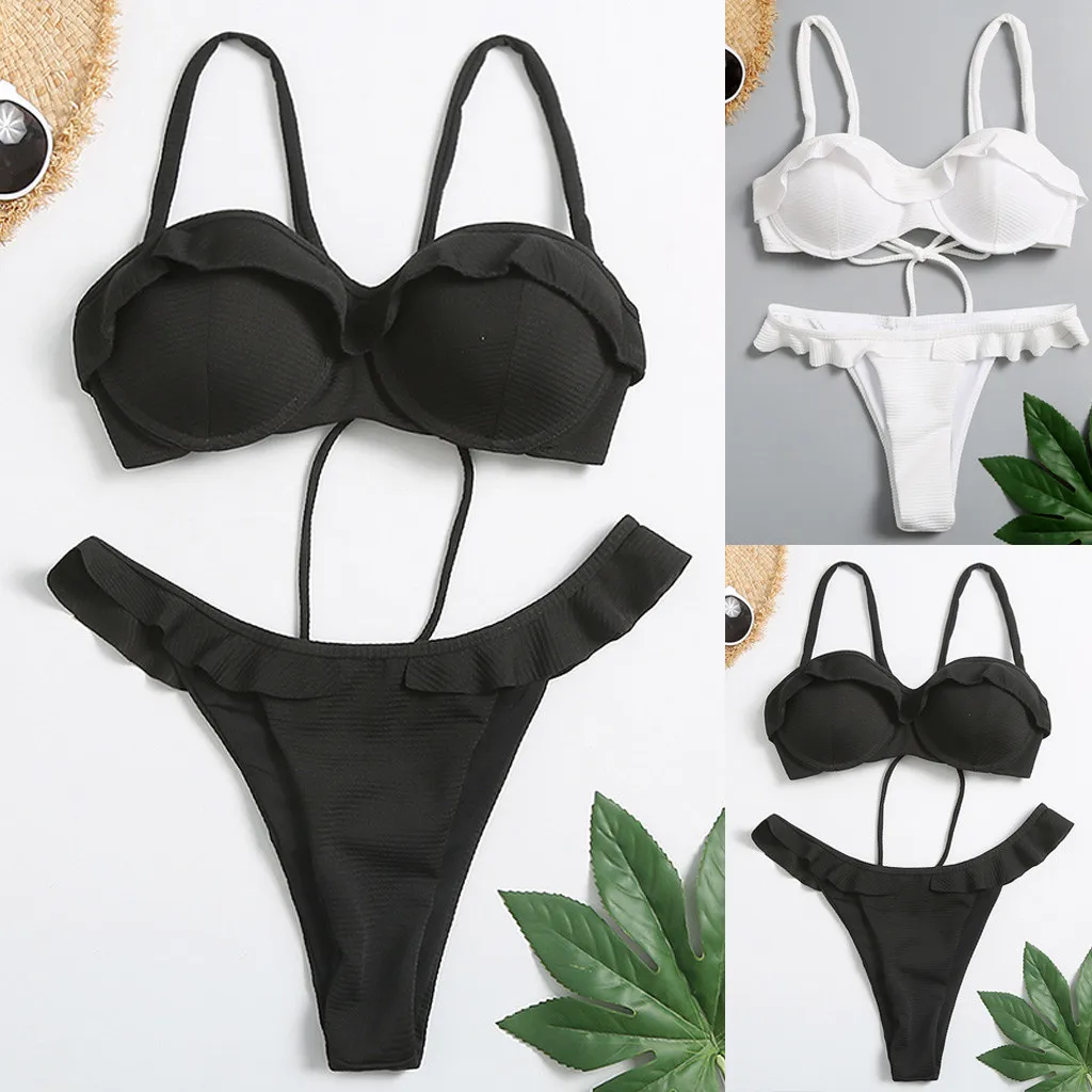 

2020 Womens Solid Color Bathing Suit Sling Bandage Biquini Push-Up Pad Underwear Set Fashion Design Mujer Lengerie Femme De Bain