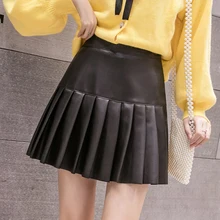 Женская плиссированная мини-юбка из искусственной кожи в консервативном стиле Женская Осенняя черная Асимметричная юбка из искусственной кожи размер S-2XL