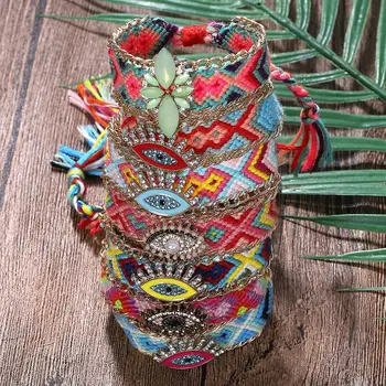 

Best lady DIY Boho Handmade Charm Bracelets Adjustable Cloth Pattern Eyes Friendship Bracelet Bangles for Women Sisters Party