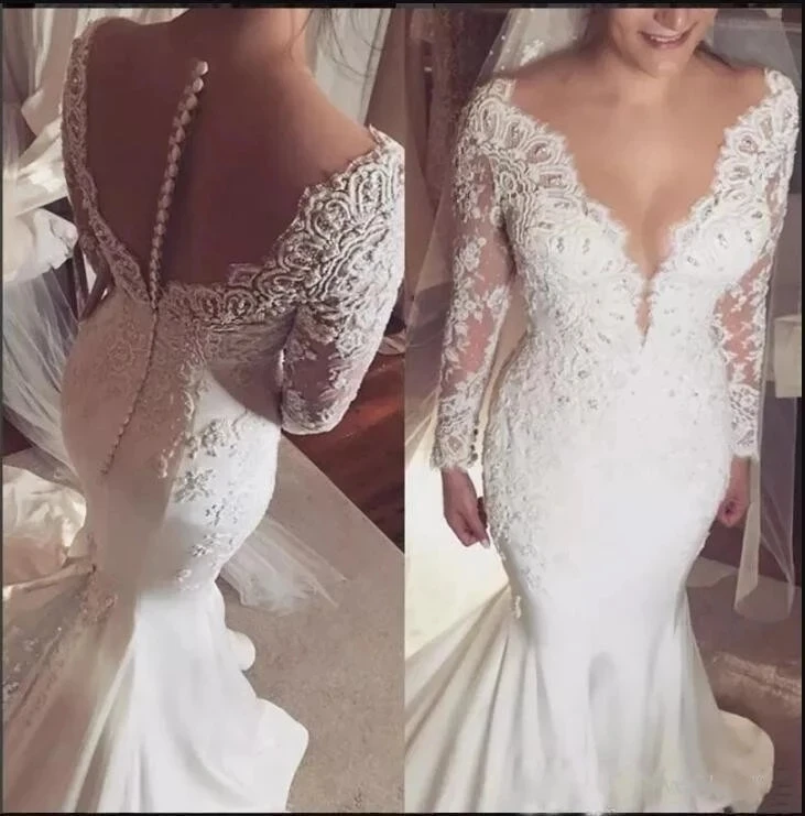 

Angelsbridep одежда с длинным рукавом Свадебные платья Русалочки Vestido De Noiva сексуальное нижнее белье с глубоким v-образным вырезом и аппликацией с длинным шлейфом вечерние свадебные платья