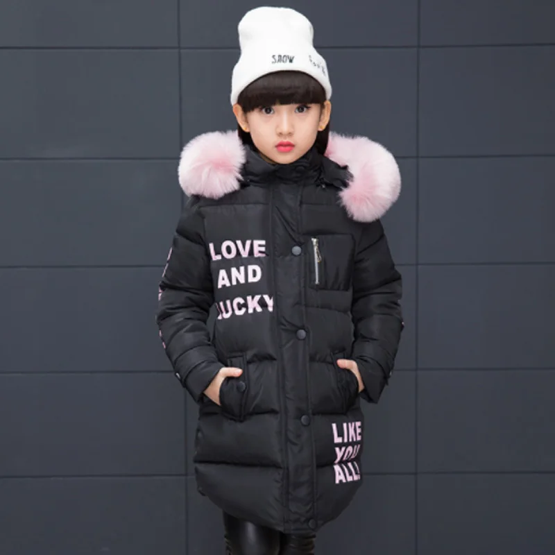 LEAPPAREL/детское Стеганое пальто для девочек школьная Зимняя Теплая стеганая зимняя куртка длинная парка с меховым капюшоном для детей - Цвет: ED00075BK