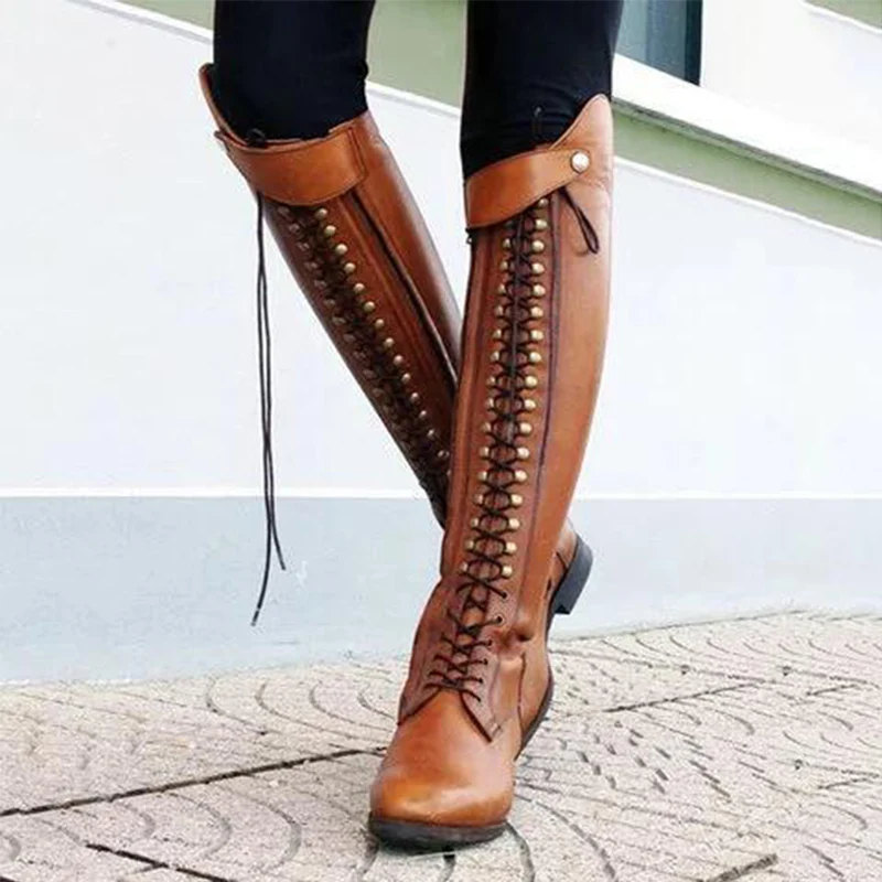 

Women Retro Knee High Boots Lace-Up High Quality PU Platform Riding Boots Female Zip Low Square Heel Plus Size Footwears Ladies