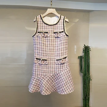 

HAMALIEL Newest Women Sleeveless Plaid Tweed Dress Fall Winter Ruffles Tassel Weave Mermaid Dress Fashion Vest Wollen Vestidos