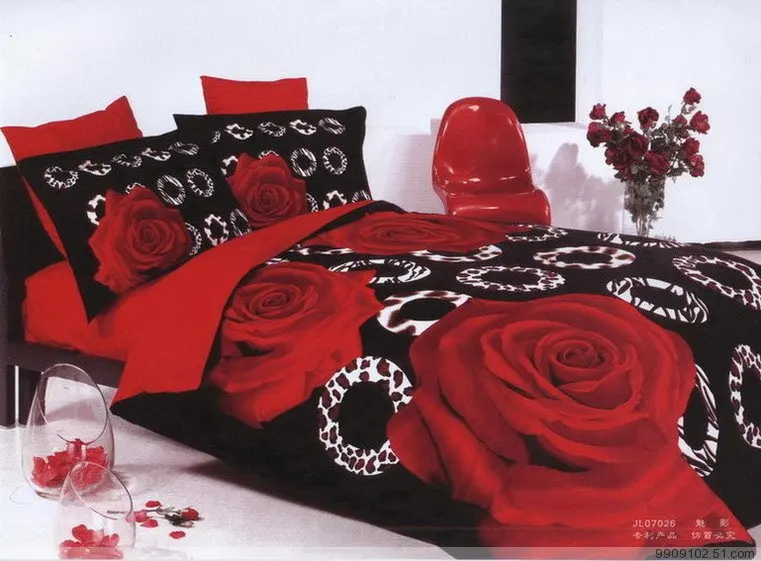 

luxury bedding set bed sheet duvet cover pillow case 4pcs full queen size bed sheets set 3d digital printing red rose hot sale