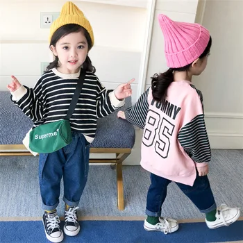 

WLG girls casual hoodies kdis o-neck long sleeve patchwork letter printed striped hoodie baby girl all match sweatshirt