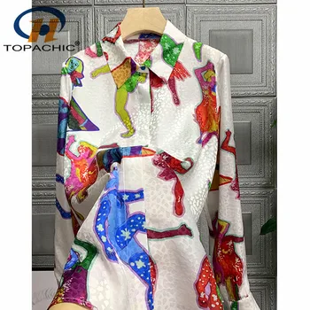 

1.5 2020 Spring New 100% Silk Shirt Contrast color Personality Fashion Abstraction Print Pattern Temperament Blouse