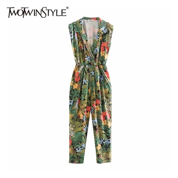 

TWOTWINSTYLE Casual Print Women Jumpsuit Notched Collar Sleeveless High Waist Loose Hit Color Jumpsuits For Female Fashion Tide