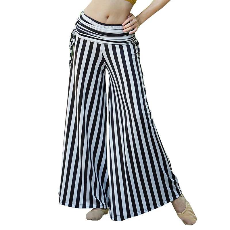 

Tribal Fusion Belly Dance Pants Elastic High Waist Flare Trousers Soft Ice Silk Stripe Printed Pants for Yoga
