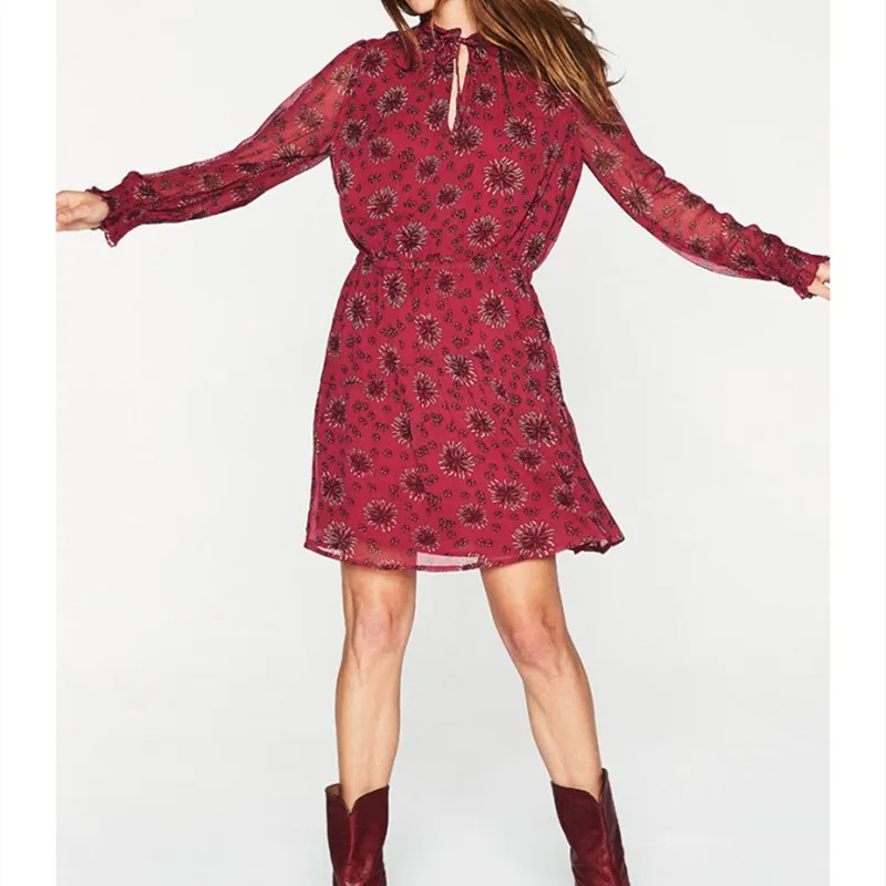 Women Red Flower Long Sleeve Dress 2020 Printted Spring Autumn Lace-up Bow Tie Ruffled Female Sweet Mini Dresses | Женская одежда