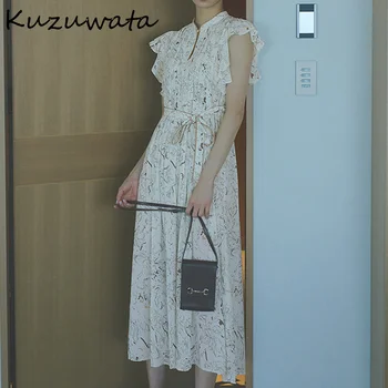 Kuzuwata O Neck Flying Short Sleeve Temperament Dress Women High Waist Hip A Line Long Slim Vestidos Summer 2022 New Robe Print 2