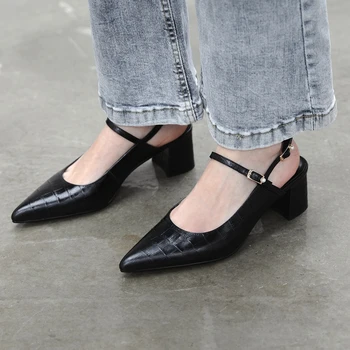 

New Arrivals Top Quality Elegant Pointed Toe Genuine Leather Chunky Heels Summer Skin Sandals women's Shoes Woman