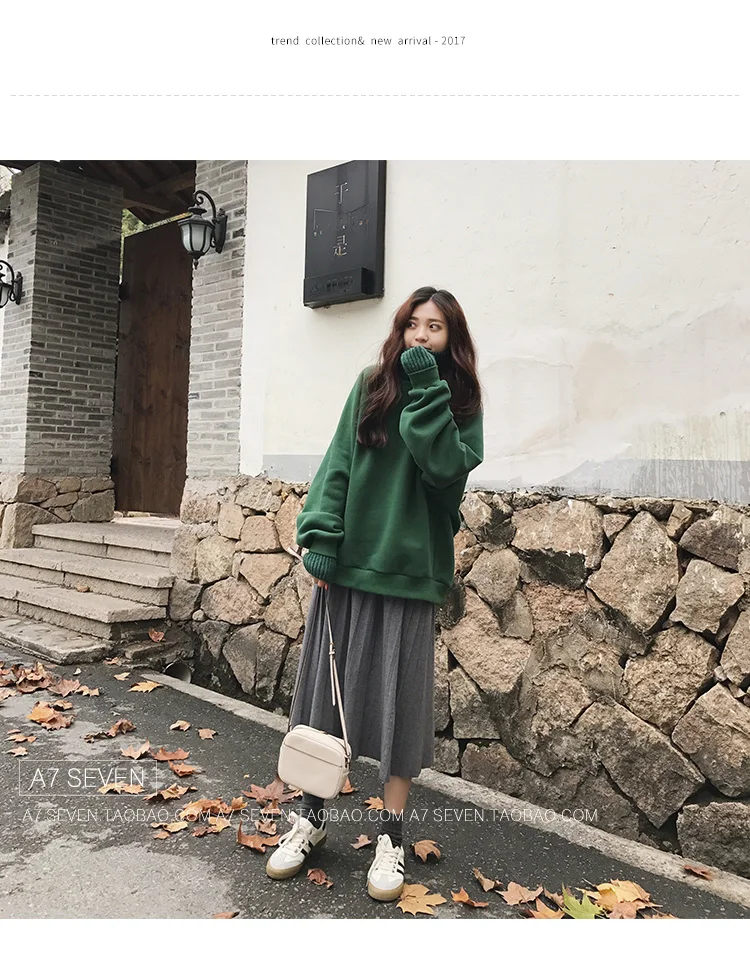 Харадзюку толстовки женские плотные плюс бархат Свободные Водолазка негабаритных кофты корейский стиль сплошной длинный рукав дамы пуловер