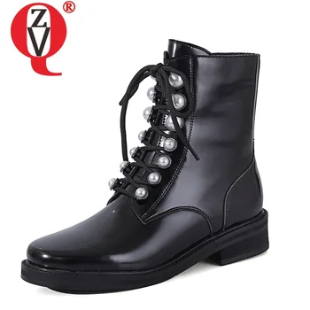 

ZVQ ankle boots women round toe winter shoes cross tied genuine leather rivet woman low heel booties side zipper winter shoes