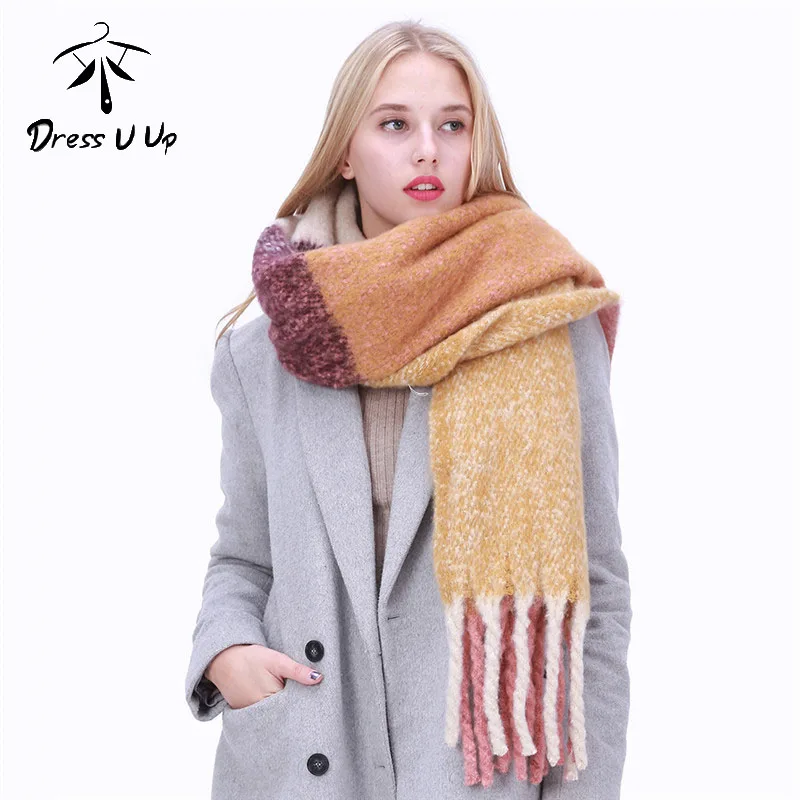 DRESSUUP модный длинный шарф шаль женский осенне-зимний смешанный теплый толстый шарф с бахромой