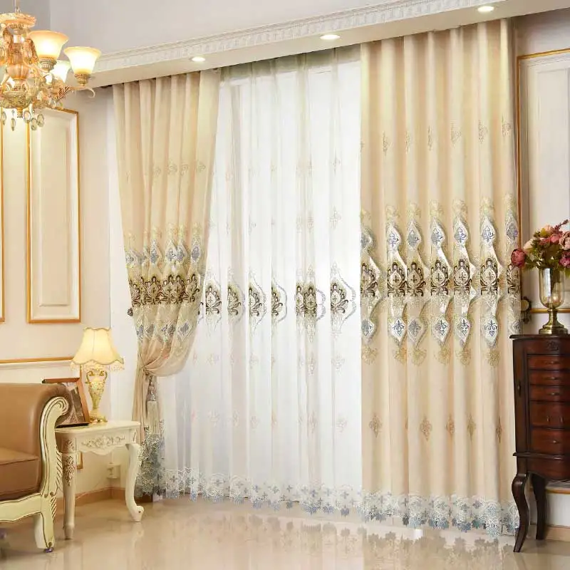

Custom curtain European style embroidery Beige Chenille shading window livingroom bedroom blackout curtain tulle yarn M1011