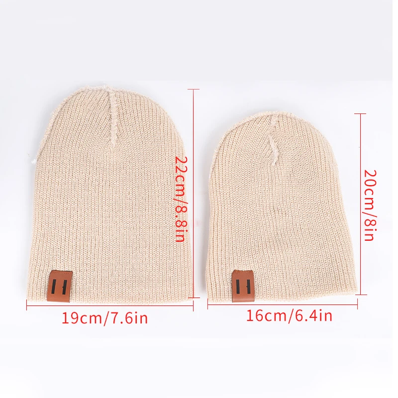 Solid Parent-Child Baby Hats Knitted Leather Label Girl Newborn Beanie Warm Caps Hat For Girls Boys Stretch Bonnet Autumn Winter