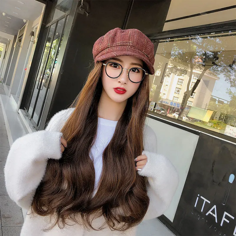 New Women Long Hair Hat Female Autumn Winter Fashion Caramel Color Retro Grid Beret Hat with Wave Wig For Lady Girls F35705AD