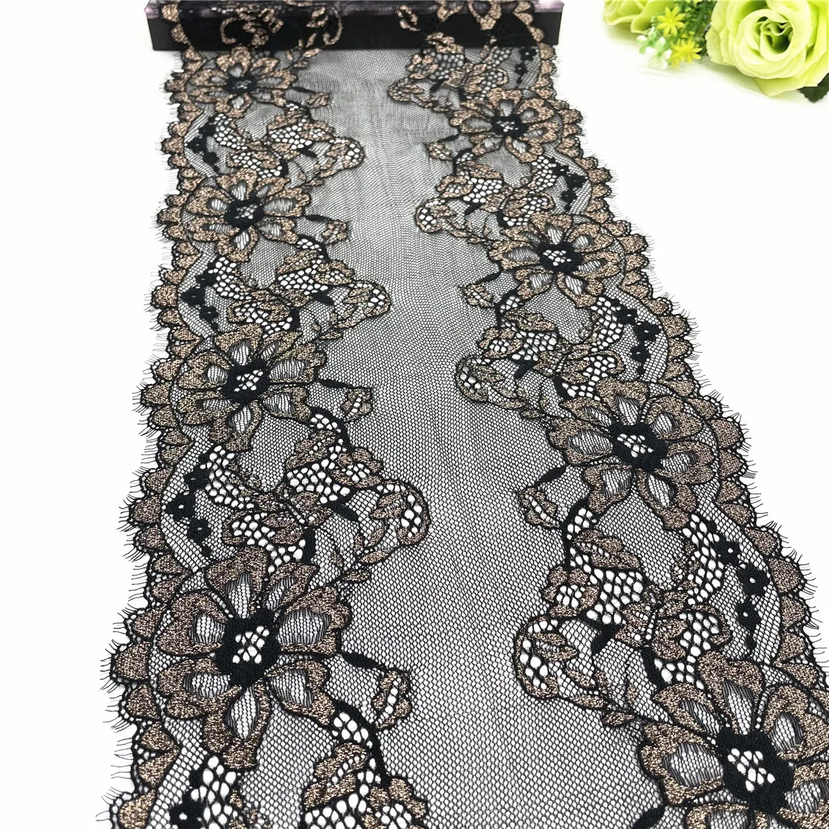 3y/lot Width 9 inch 23cm Black Golden Elastic Stretch Lace Trim Lingerie Sewing Craft DIY Apparel Fabric Lace Garment Accessory 1