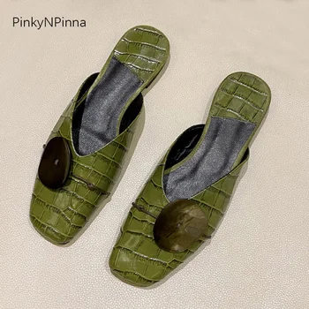 

summer vintage women genuine leather cowhide square toe mules low heels pumps metal tablet aligator pattern casual party shoes