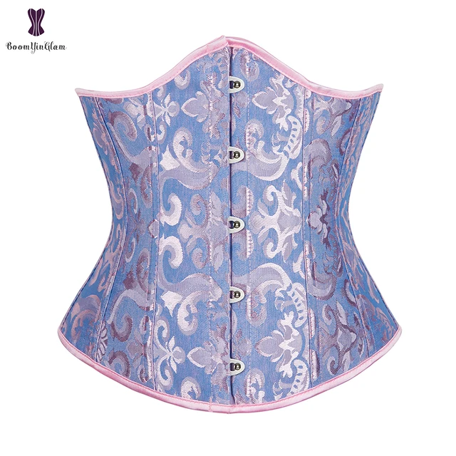Jacquard Underbust Corset Floral Push Up Boned Bustier Gothique Korsett For Women Front Busk Gorset Plus Size Korse Sexy pink blue