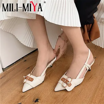 

MILI-MIYA Brand Design Pointed Toe Elegant Genuine Leather Heeled Women Shoes Elastic Band Middle Heels Woman Pumps Apricot
