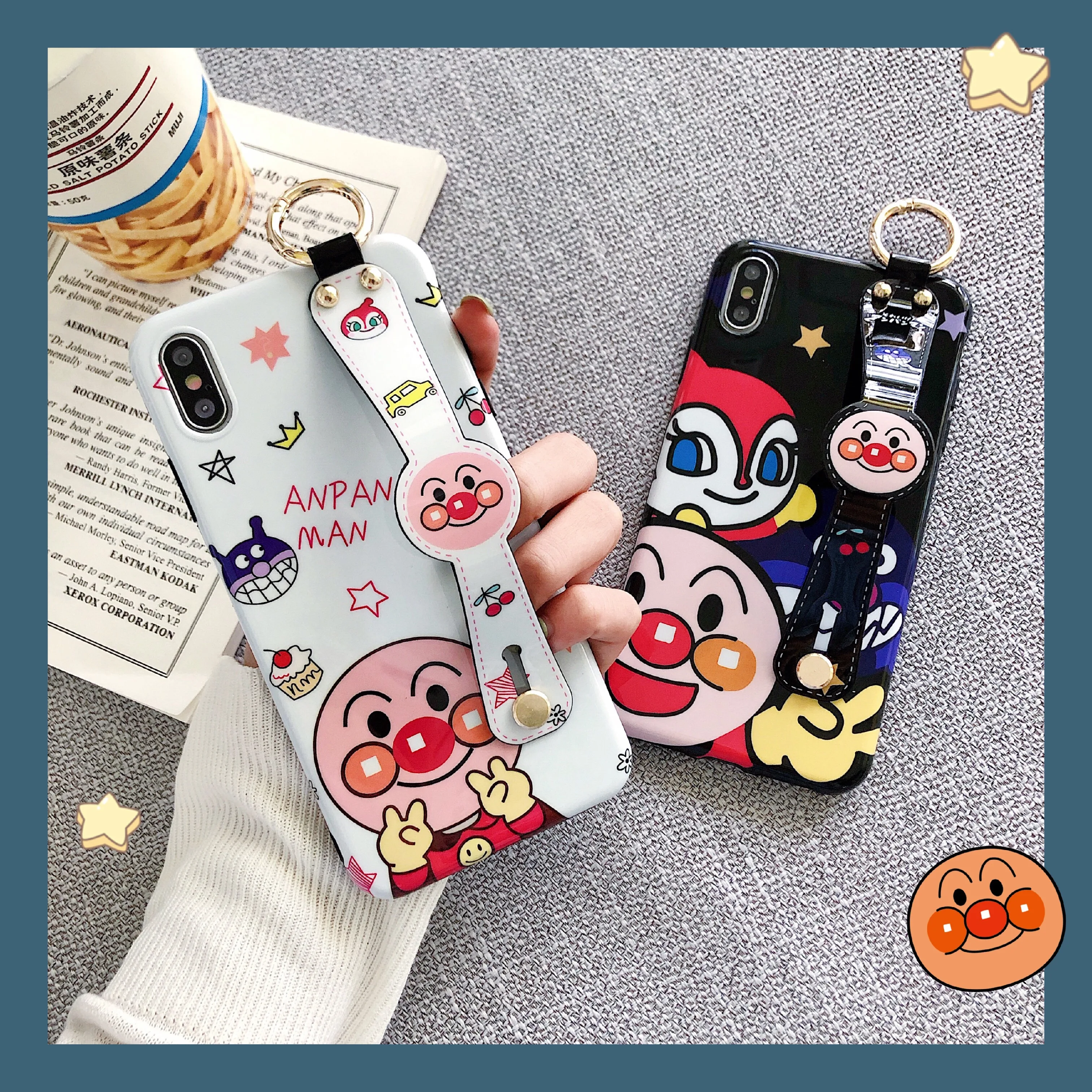 

Cartoon Anpanman Phone Case Luxury Wrist Strap Holder Case Soft Cover for iPhone 6 6s 7 8 Plus X XS XR XSMax