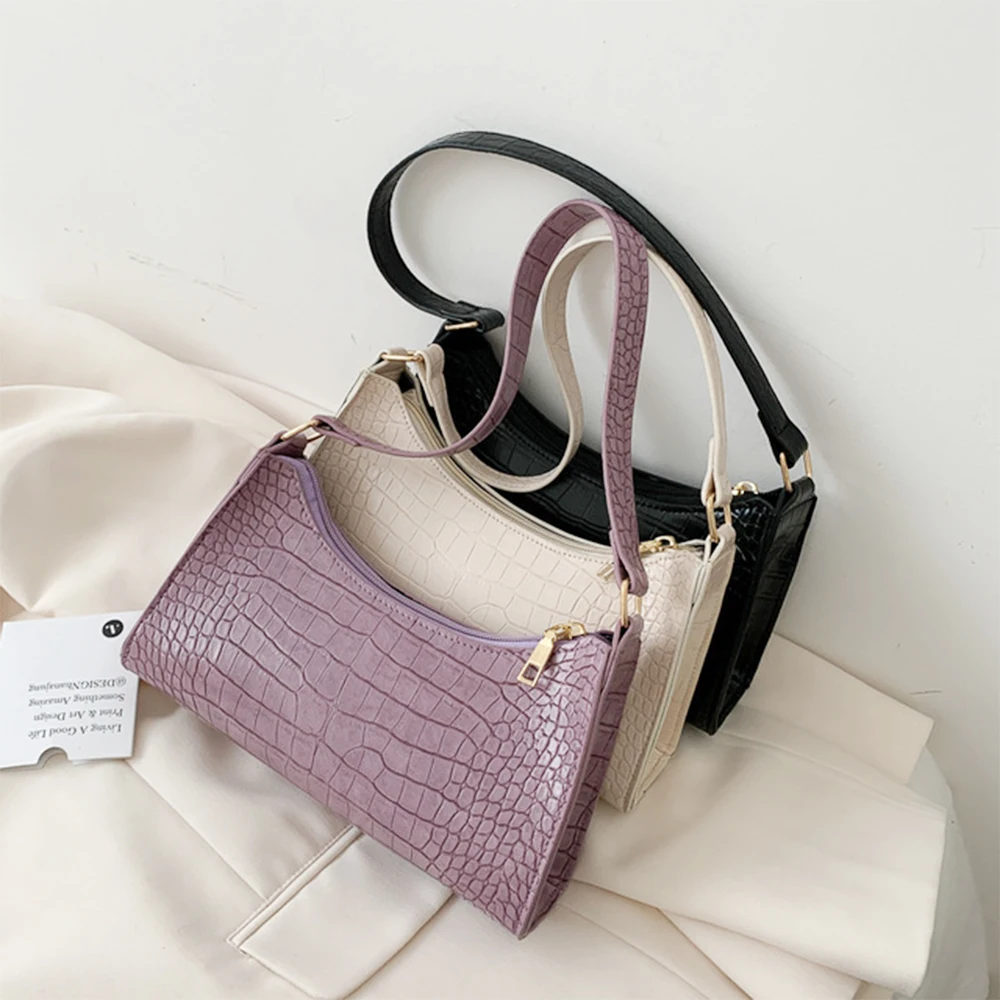 Crocodile Pattern PU Leather Female Shoulder Bag Fashion Ladies Armpit Bag Vintage Women  Purse Handbags Small Clutch fluffy shoulder bag