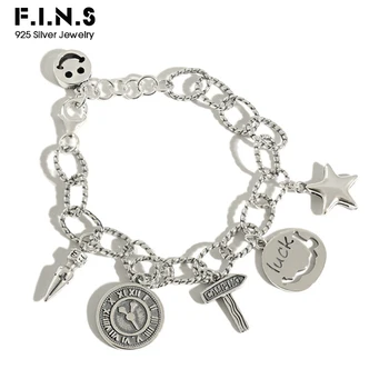 

F.I.N.S Punk Vintage 925 Sterling Silver Bracelet Smile Face Clock Star Pendant Thai Silver Chain Charm Bracelets Fine Jewelry