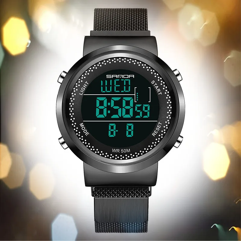 

Hot Sale Stainless Steel Mesh Belt Men's Digital Watch Boy Girl Student Simple 50M Waterproof Women Wristwatch Electronic Clock