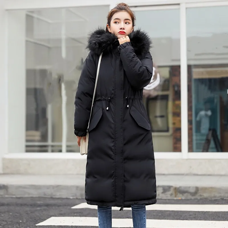 

Tide Vogue Fashion Women Casual Long Winter Jacket High Quality Fur Hooded Warm Outwear Solid Tie Waist Pockets Slim Parkas