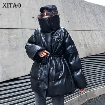 

XITAO Black Bandage PU Parka Women 2019 Winter Wide Waist Full Sleeve Elegant Pocket Small Fresh Turtleneck Parka XJ2544