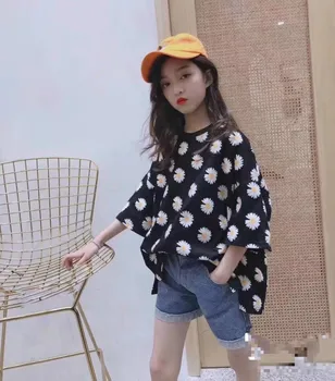 

Girls Big Kids Short Sleeve T-Shirt Summer Tide Tops 2020 New Western Children's Wear Knitted Cotton Children