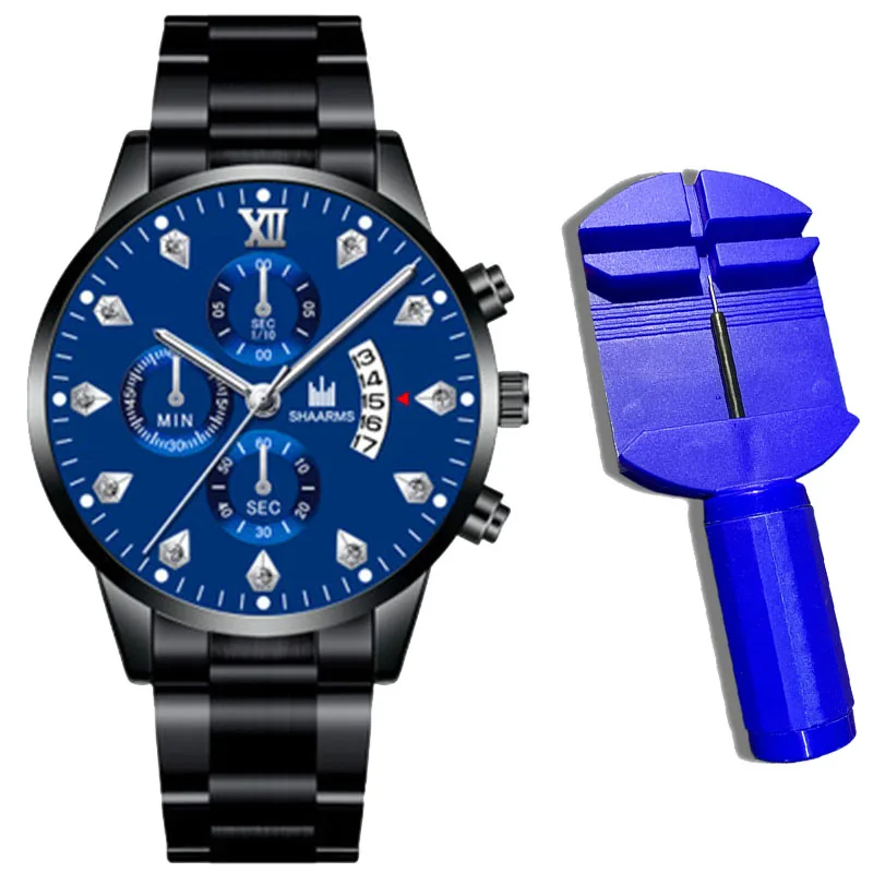 2021 Luxury Brand SHAARMS Alloy Strap Men's Watch Diamond Waterproof Quartz Watch for Men's Analog Three-eye Calendar Male Clock 