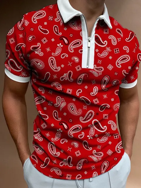 Shirt Fashion Striped Patchwork Short Sleeve Tops For Men Casual Turn-down Collar Zip-up Polo Shirts 2021 Summer Men's Slim Polo PLS-22