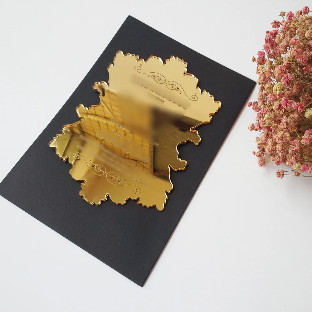 

50pieces Per Lot 5*7inch Vintage Leaf Shaped Golden Mirror Acrylic Wedding Invitation Card SHIP TO SRILANKA ONLY