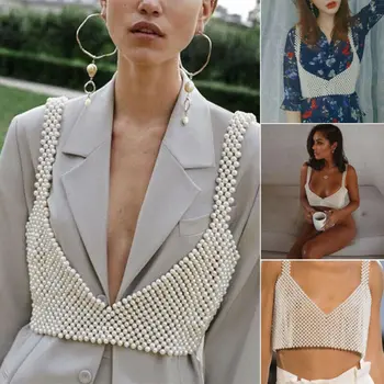 

Fashion Women Sling Pearl Tops Outwear Ladies Luxury Plain Sleeveless Strappy Cami Bralet Bra Crop Tops Female Tanks