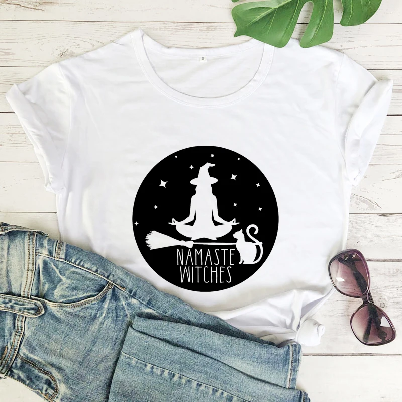 Namaste Heksen 100% Katoenen T-shirt Vintage Vrouwen Halloween Party Tshirt Grappige Heks Meditatie Yoga Workout Top Tee Shirt