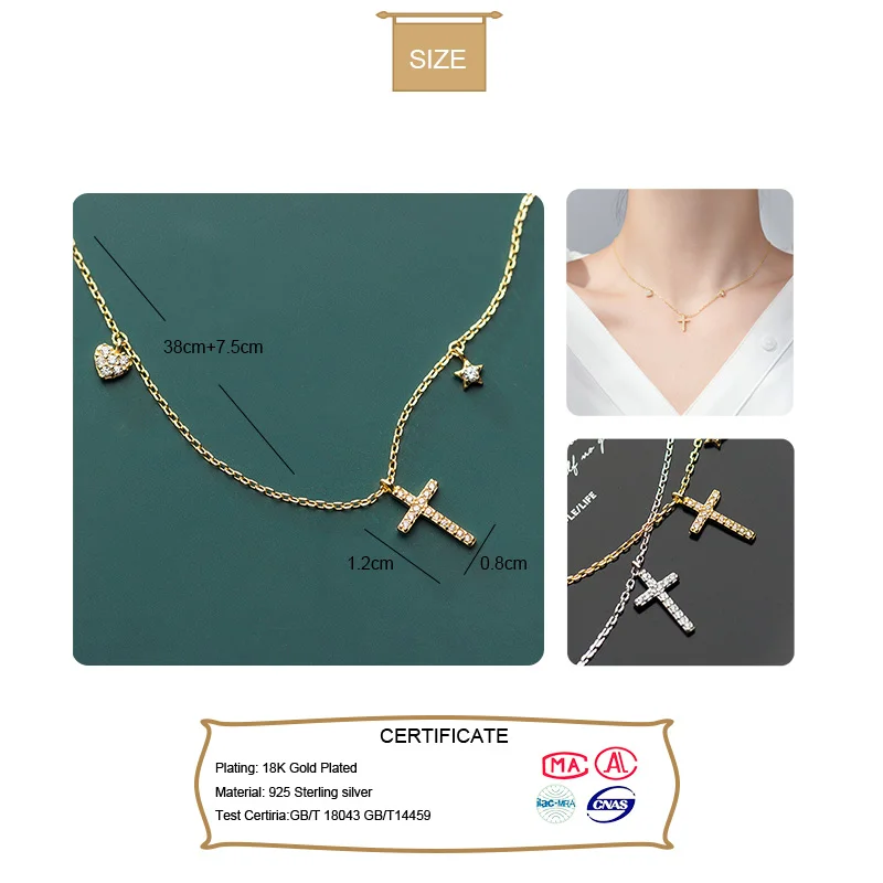 Trusta Women's Fashion 100% 925 Sterling Silver Dazzling CZ Cross Heart Star Pendant Short Necklace For Women Girls Gift DS2485 - Image 2