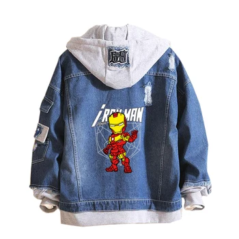 

Superhero Iron Man/spider man Hoodie Marvel Cowboy Fake Two Pieces Sweatshirt Hole Denim men women Student Jacket
