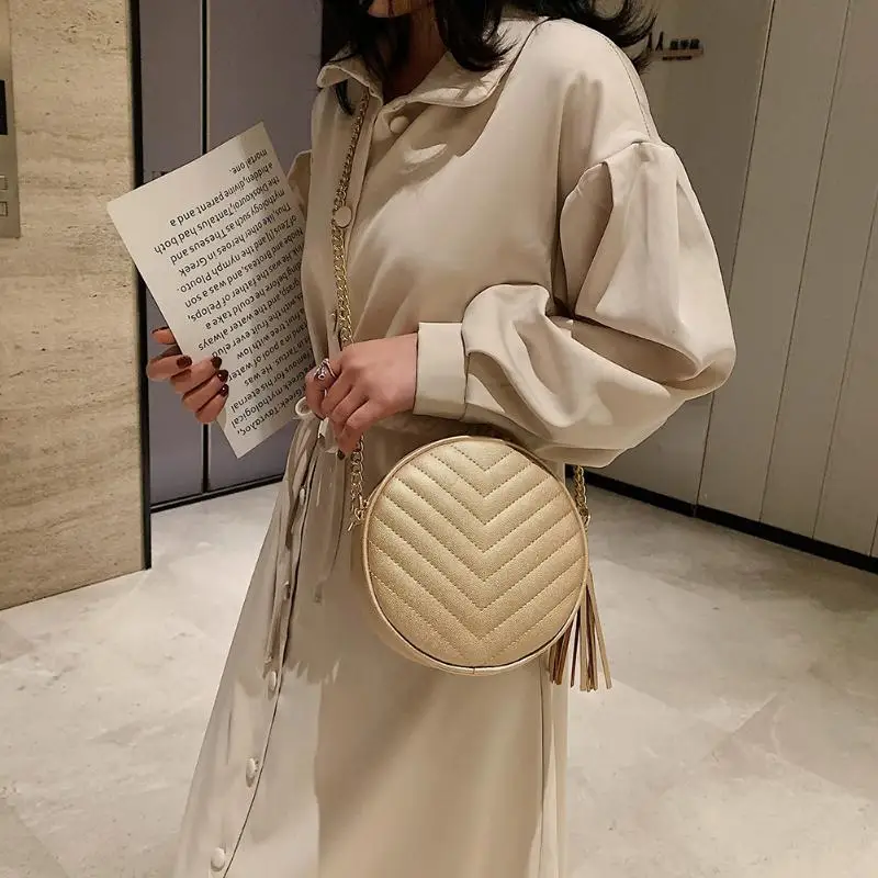 

Durable Messenger Bag Women Mini Solid Tassel PU Leather Small Round Shoulder Crossbody Bag for Travel and Vacation