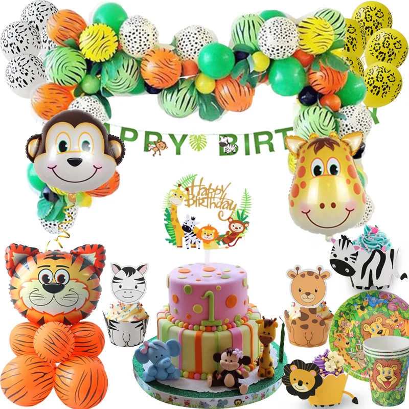 

Jungle Animal Party Decoration Theme Balloons Disposable Tableware Paper Plate Cup Napkin Safari Zoo Party Supplies Schleichs