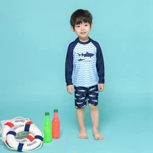 Купальный набор крышек для мальчиков, Детская рубашка с длинными рукавами, шорты с принтом акулы, пляжный купальник из полиэстера