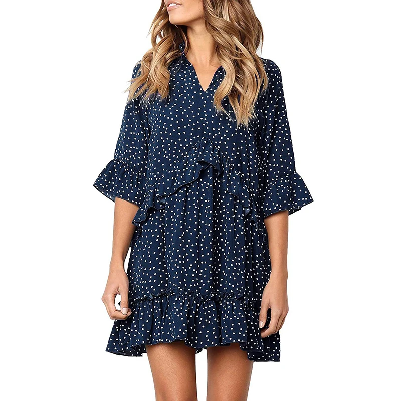 Boho оборками v-образным вырезом Vestidos женщин горошек Kawaii девушки мини-платье А-силуэта 3XL Большие летние Бабочка Половина рукава милое платье
